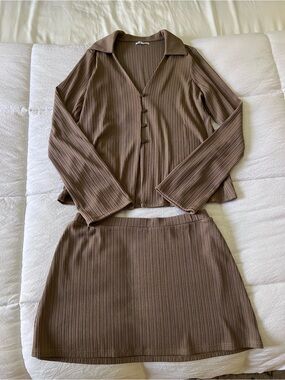 Reformation Brown Ribbed Skirt Set